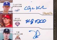2006 Tristar Prospect Plus Farm Hands Autographs Triple #FH-KDL Clayton Kershaw/Kyle Drabek/Tim Lincecum Baseball Card