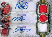 2020 Topps Triple Threads Historic Ties Triple Autographs Relics #PTO Albert Pujols/Mike Trout/Shohei Ohtani Baseball Card