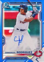 2021 Bowman Chrome Prospect Autographs #CPAERO Emmanuel Rodriguez Blue Refractor Baseball Card