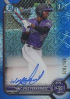 2022 Bowman Chrome Prospect Autographs #CPAYFZ Yanquiel Fernandez Hta Choice Refractor Baseball Card