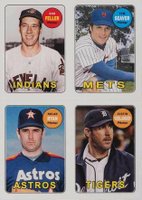 2013 Topps Archives 1969 4 in 1 Stickers #FSRV Bob Feller/Justin Verlander/Nolan Ryan/Tom Seaver Baseball Card