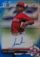2017 Bowman Chrome Prospect Autograph #SS Sixto Sanchez Blue Refractor Baseball Card