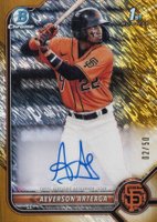 2022 Bowman Chrome Prospect Autographs #CPAAA Aeverson Arteaga Gold Shimmer Refractor Baseball Card