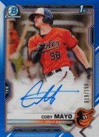 2021 Bowman Chrome Prospect Autographs #CPACMA Coby Mayo Blue Refractor Baseball Card