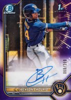2022 Bowman Chrome Prospect Autographs #CPAJCO Jackson Chourio Purple Refractor Baseball Card
