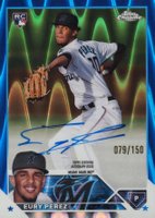2023 Topps Chrome Update Autograph #RAEP Eury Perez Blue Raywave Baseball Card