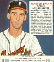 1952 Red Man Tobacco #22 Warren Spahn Baseball Card