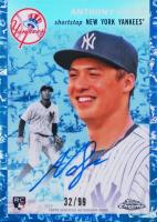 2023 Topps Chrome Platinum Anniversary Autographs #AV Anthony Volpe Platinum Toile Cream/Blue Refractor Baseball Card