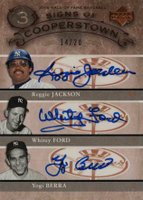 2005 Upper Deck Hall of Fame Signs of Cooperstown Triple Autograph #JFB Reggie Jackson/Whitey Ford/Yogi Berra Baseball Card