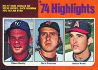 1975 Topps Mini #7 Dick Bosman/Steve Busby/Nolan Ryan '74 Highlights Baseball Card