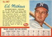 1962 Post Cereal #147 Eddie Mathews Baseball Card