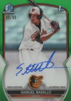 2023 Bowman Chrome Prospect Autographs #CPASB Samuel Basallo Green Refractor Baseball Card