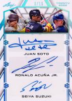 2022 Leaf Trinity Triple Autographs #TA5 Juan Soto/Ronald Acuna Jr./Seiya Suzuki Platinum Spectrum Foil Baseball Card