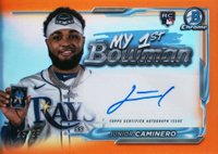 2024 Bowman Chrome My 1st Bowman Autographs #1BAJC Junior Caminero Orange Refractor Baseball Card