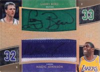 2005 Upper Deck Exquisite Collection Scripted Swatches Dual #DSSBJ Larry Bird/Magic Johnson Basketball Card