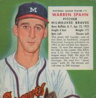 1954 Red Man Tobacco #11 Warren Spahn Hand Cut-Without Tab Baseball Card