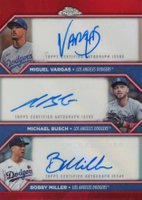 2023 Topps Chrome Update Triple Autographs #VBM Bobby Miller/Michael Busch/Miguel Vargas Red Refractor Baseball Card