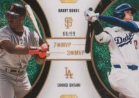 2025 Topps Welcome to the Club 3X MVP 3X MVP Dual #D1 Barry Bonds/Shohei Ohtani Green Stardust Baseball Card