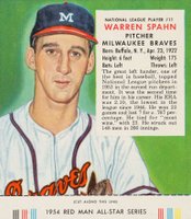 1954 Red Man Tobacco #11 Warren Spahn Baseball Card