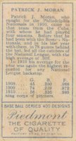 1911 Gold Borders #150 Pat Moran Stray line under stats Baseball Card