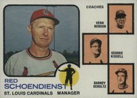 1973 Topps #497d Topps Cardinals Manager/Coaches Dark Pale Background Baseball Card
