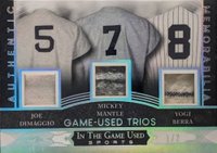 2024 Leaf in the Game Used Game Used Trios #GUMT5 Joe DiMaggio/Mickey Mantle/Yogi Berra Silver Baseball Card