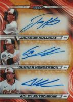 2024 Bowman's Best Triple Autographs #TAHHR Adley Rutschman/Gunnar Henderson/Jackson Holliday Gold Refractor Baseball Card
