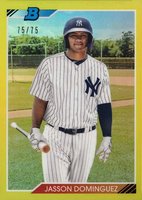 2020 Bowman Heritage Chrome Prospects #JAS Jasson Dominguez Yellow Refractor Baseball Card