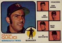 1973 Topps #49s Twins Manager/Coaches Solid Background Baseball Card
