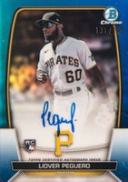 2023 Bowman Chrome Rookie Autographs #CRALP Liover Peguero Blue Refractor Baseball Card