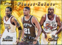 1999 Finest Salute #FS1 Allen Iverson/Tim Duncan/Vince Carter Gold Refractor Basketball Card
