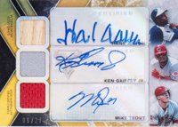 2015 Topps Triple Threads Autograph Relic Combos #AGT Hank Aaron/Ken Griffey Jr./Mike Trout Sepia Baseball Card