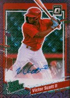 2023 Panini Donruss Optic Rated Prospect Signatures #RPSVS Victor Scott II Purple Mojo Baseball Card