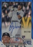 2023 Topps Chrome Rookie Autograph #RAOP Oswald Peraza Blue Raywave Baseball Card