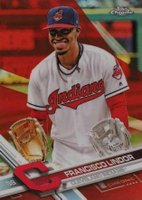 2017 Topps Chrome #126 Francisco Lindor Posing Near 2 Gloves-Red Refractor Baseball Card