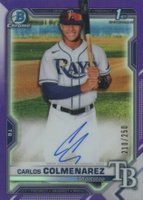 2021 Bowman Chrome Prospect Autographs #CPACC Carlos Colmenarez Purple Refractor Baseball Card