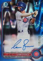 2022 Bowman Chrome Prospect Autographs #CPALS Liam Spence Blue Raywave Refractor Baseball Card