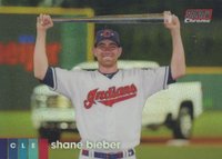 2020 Stadium Club Chrome #207 Shane Bieber Red Refractor Baseball Card