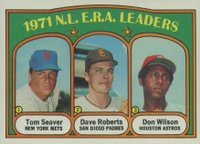 1972 Topps #91 N.L. E.R.A. Leaders Roberts photo is Denny Baseball Card