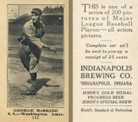 1916 Indianapolis Brewing #115 George McBride Baseball Card