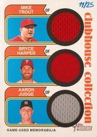 2023 Topps Heritage Clubhouse Collection Triple Relics #CCTRTHJ Aaron Judge/Bryce Harper/Mike Trout Baseball Card