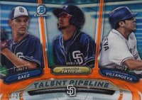 2018 Bowman Talent Pipeline Chrome #SDP Christian Villanueva/Fernando Tatis Jr./Michel Baez Orange Refractor Baseball Card