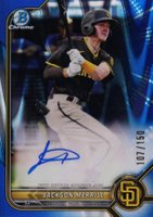 2022 Bowman Chrome Prospect Autographs #CPAJME Jackson Merrill Blue Raywave Refractor Baseball Card