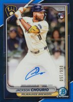 2024 Bowman Chrome Chrome Rookie Autographs #CRAJCH Jackson Chourio Blue Refractor Baseball Card