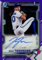 2021 Bowman Draft Chrome Draft Pick Autographs #CDARTI Ricky Tiedemann Purple Refractor Baseball Card