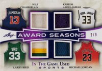 2018 Leaf in the Game Used Sports Award Seasons Relics #AS-08 Abdul-Jabbar/Bird/Jordan/Chamberlain Purple Basketball Card