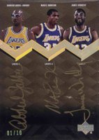 2007 Upper Deck Black Autographs Triple #TAUWJA Magic Johnson/Kareem Abdul-Jabbar/James Worthy Gold Basketball Card