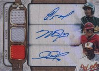 2014 Topps Triple Threads Autograph Relic Combos #CTJ Adam Jones/Mike Trout/Yoenis Cespedes Baseball Card