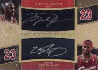 2005 Upper Deck Exquisite Collection Scripted Swatches Dual #DSSJJ Michael Jordan/LeBron James Basketball Card