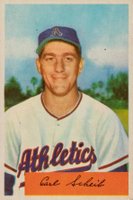 1954 Bowman #67a Carl Scheib .306 PCT-2 Lines under Bio Baseball Card
